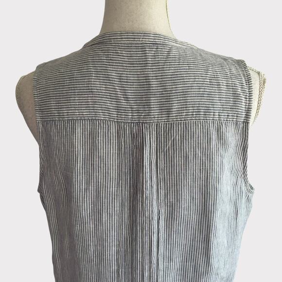 Faherty Isha Dress Blue Mini Stripe Linen Sleeveless V Neck Size Medium Pockets - Picture 9 of 13
